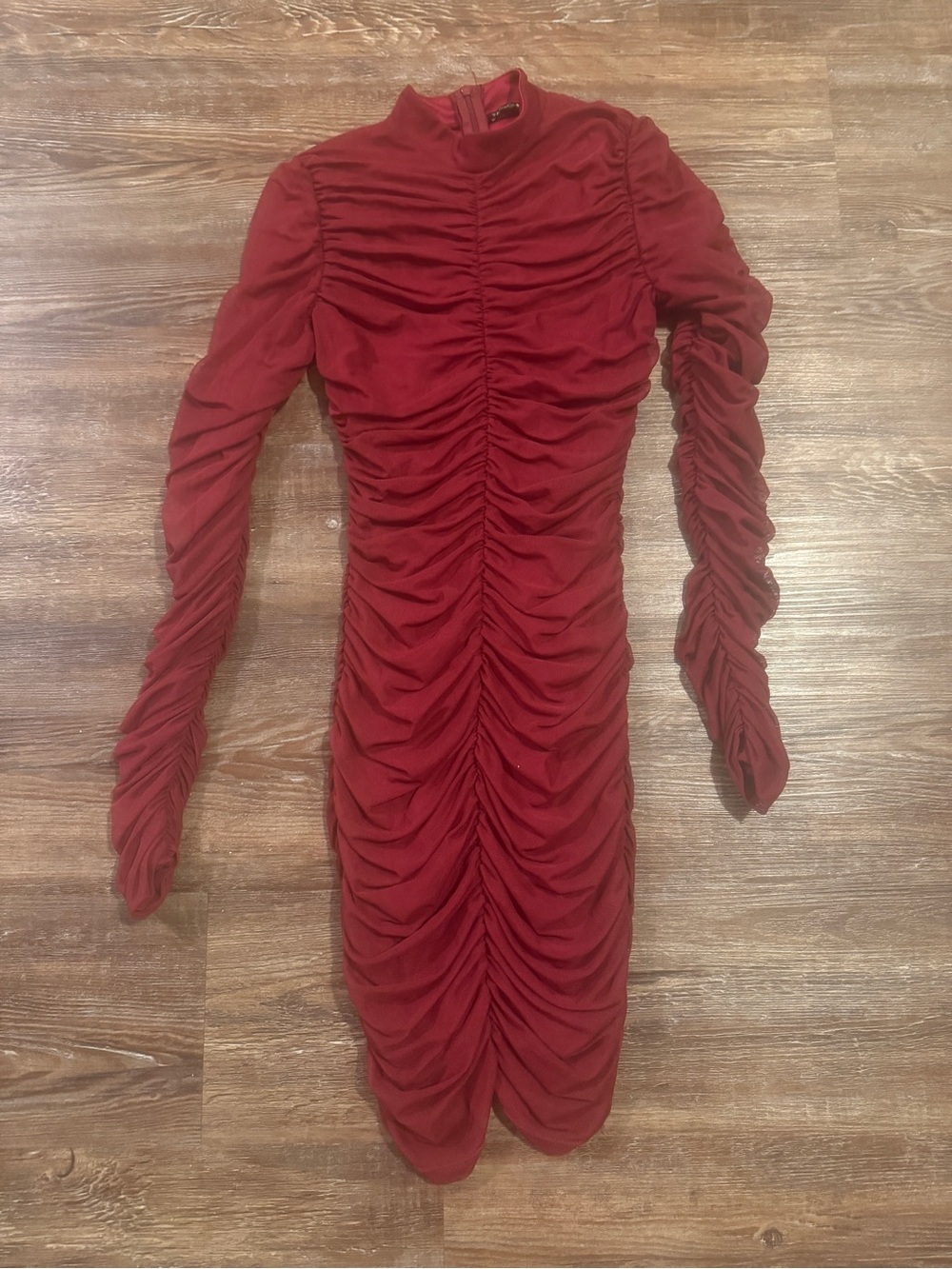 Fashion Nova Burgundy Ruched Long-Sleeve Bodycon Dress